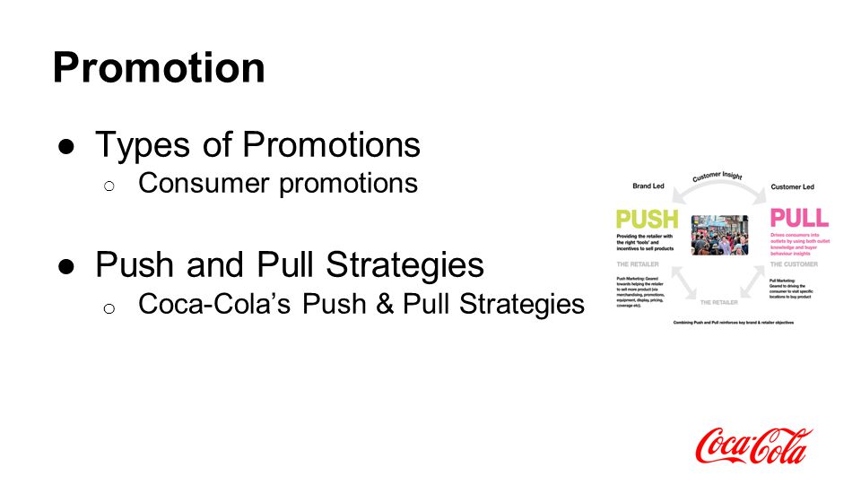 Promotion ●Types of Promotions ○ Consumer promotions ●Push and Pull Strategies o Coca-Cola’s Push & Pull Strategies