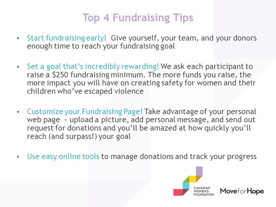 Top 4 Fundraising Tips  Start fundraising early.