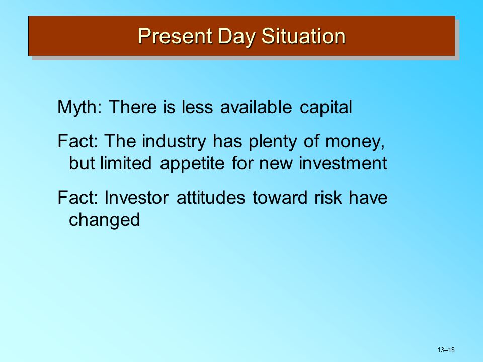 13–18 Present Day Situation Myth: There is less available capital Fact: The industry has plenty of money, but limited appetite for new investment Fact: Investor attitudes toward risk have changed