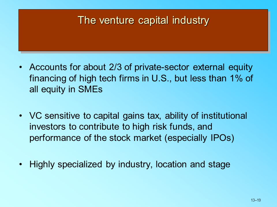 13–19 The venture capital industry Accounts for about 2/3 of private-sector external equity financing of high tech firms in U.S., but less than 1% of all equity in SMEs VC sensitive to capital gains tax, ability of institutional investors to contribute to high risk funds, and performance of the stock market (especially IPOs) Highly specialized by industry, location and stage