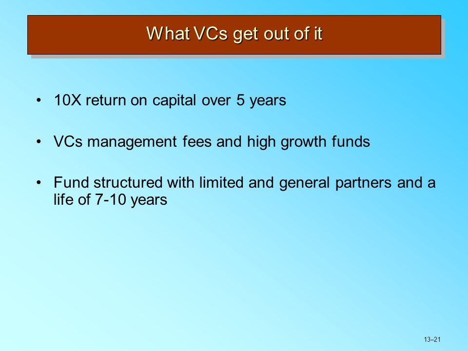 13–21 What VCs get out of it 10X return on capital over 5 years VCs management fees and high growth funds Fund structured with limited and general partners and a life of 7-10 years