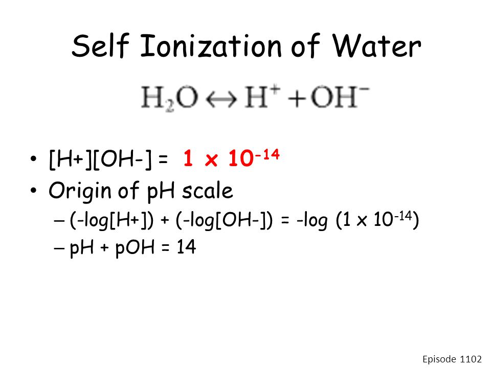 Self Ionization of Water [H+][OH-] = 1 x Origin of pH scale – (-log[H+]) + (-log[OH-]) = -log (1 x ) – pH + pOH = 14 Episode 1102