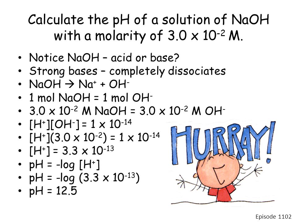 Calculate the pH of a solution of NaOH with a molarity of 3.0 x M.