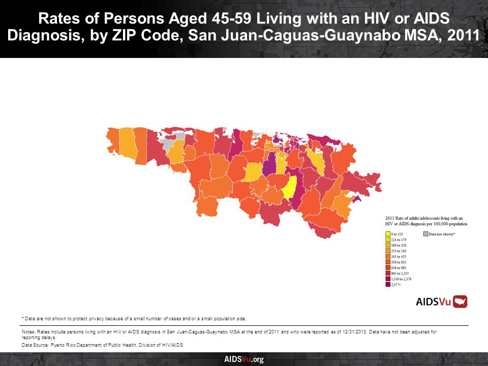 Rates of Persons Aged Living with an HIV or AIDS Diagnosis, by ZIP Code, San Juan-Caguas-Guaynabo MSA, 2011 Notes.