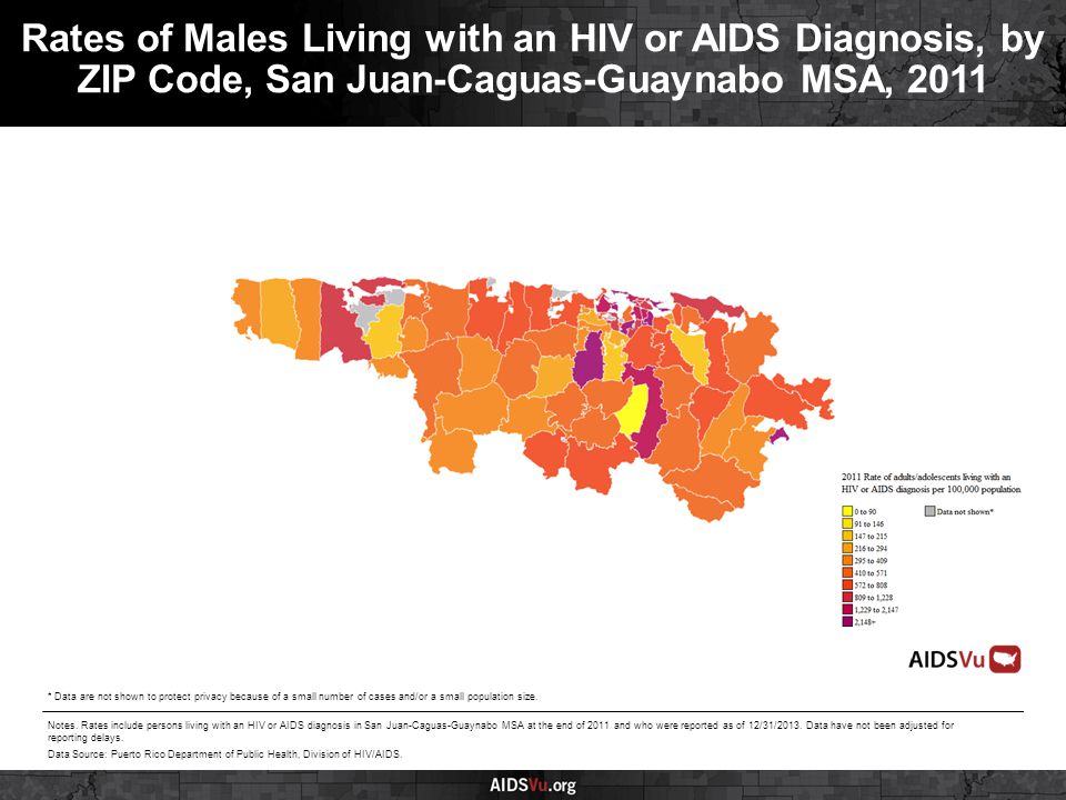 Rates of Males Living with an HIV or AIDS Diagnosis, by ZIP Code, San Juan-Caguas-Guaynabo MSA, 2011 Notes.