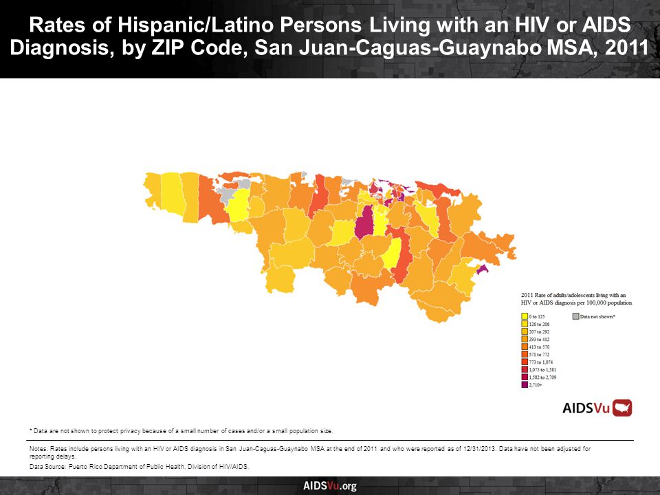 Rates of Hispanic/Latino Persons Living with an HIV or AIDS Diagnosis, by ZIP Code, San Juan-Caguas-Guaynabo MSA, 2011 Notes.