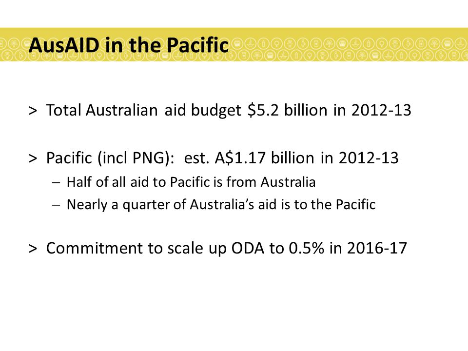 AusAID in the Pacific >Total Australian aid budget $5.2 billion in >Pacific (incl PNG): est.