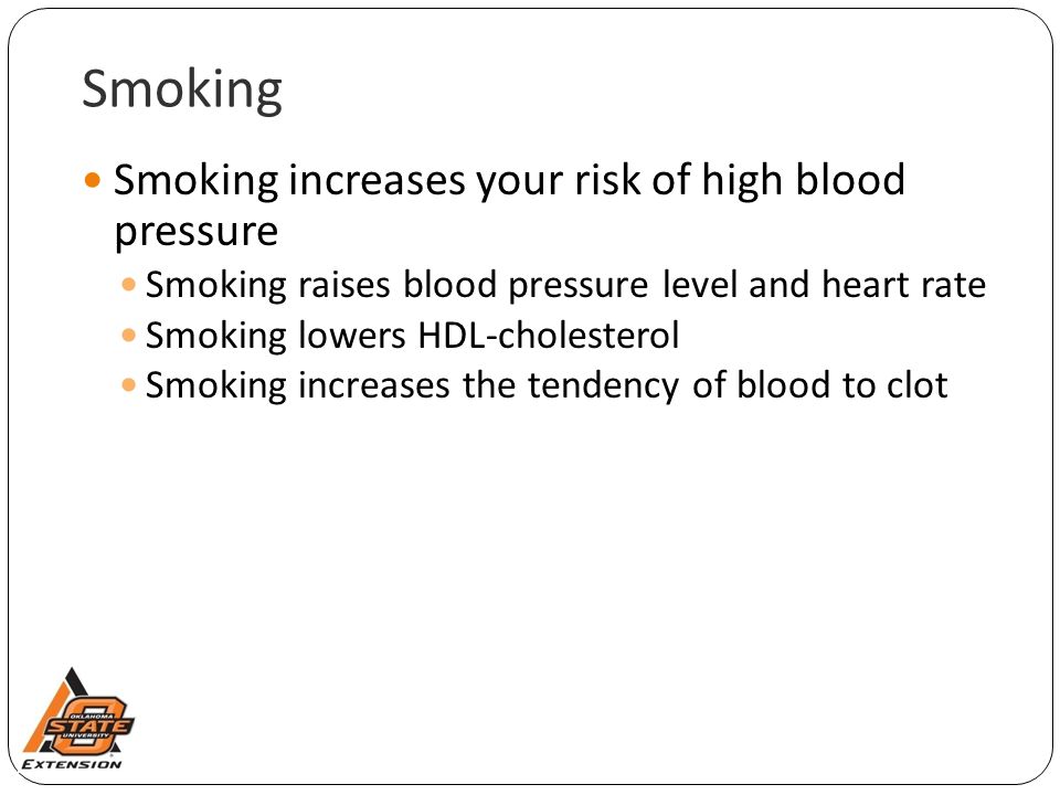 Smoking Smoking increases your risk of high blood pressure Smoking raises blood pressure level and heart rate Smoking lowers HDL-cholesterol Smoking increases the tendency of blood to clot