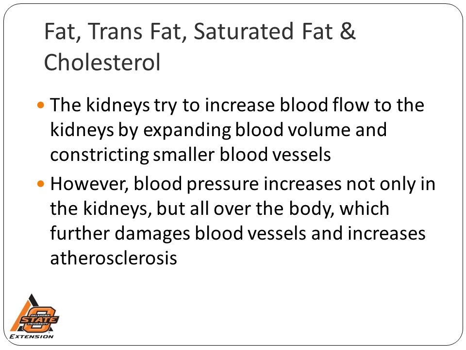Fat, Trans Fat, Saturated Fat & Cholesterol The kidneys try to increase blood flow to the kidneys by expanding blood volume and constricting smaller blood vessels However, blood pressure increases not only in the kidneys, but all over the body, which further damages blood vessels and increases atherosclerosis