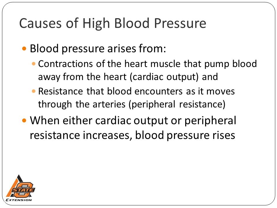 Causes of High Blood Pressure Blood pressure arises from: Contractions of the heart muscle that pump blood away from the heart (cardiac output) and Resistance that blood encounters as it moves through the arteries (peripheral resistance) When either cardiac output or peripheral resistance increases, blood pressure rises