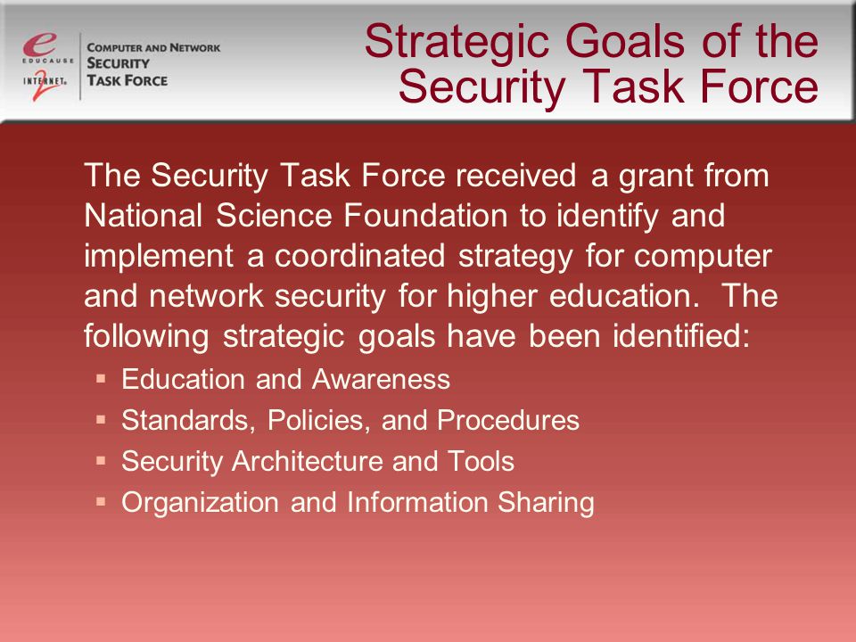 Strategic Goals of the Security Task Force The Security Task Force received a grant from National Science Foundation to identify and implement a coordinated strategy for computer and network security for higher education.