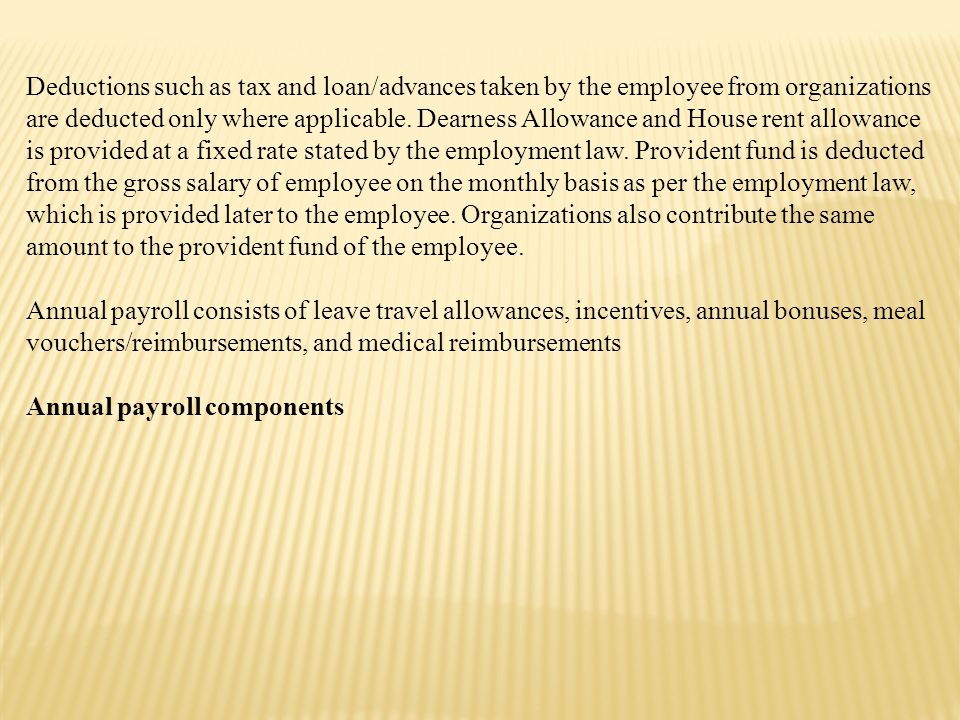 Deductions such as tax and loan/advances taken by the employee from organizations are deducted only where applicable.