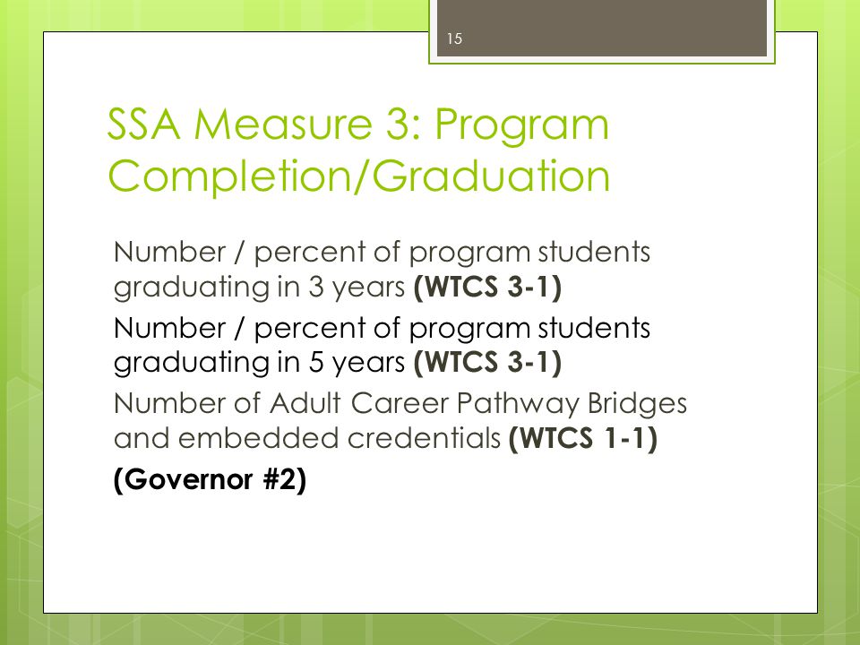 SSA Measure 3: Program Completion/Graduation Number / percent of program students graduating in 3 years (WTCS 3-1) Number / percent of program students graduating in 5 years (WTCS 3-1) Number of Adult Career Pathway Bridges and embedded credentials (WTCS 1-1) (Governor #2) 15