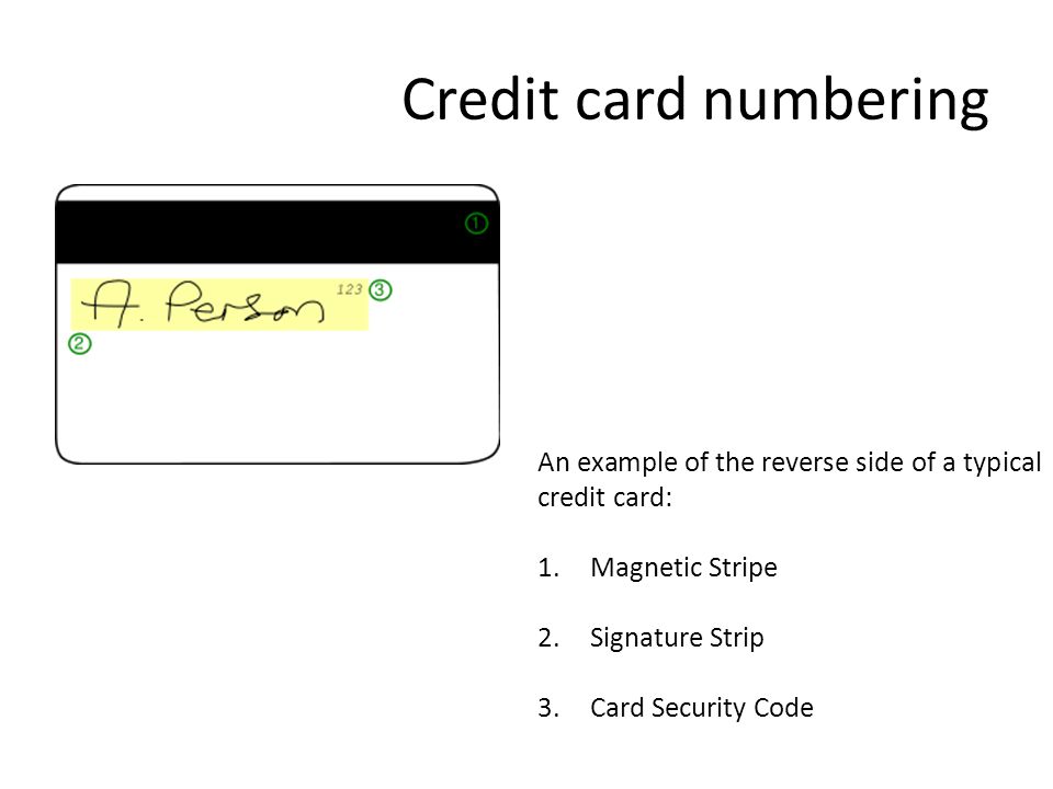 Credit card numbering An example of the reverse side of a typical credit card: 1.Magnetic Stripe 2.Signature Strip 3.Card Security Code