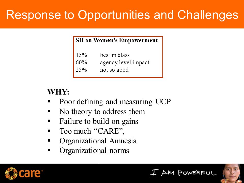 Response to Opportunities and Challenges WHY:  Poor defining and measuring UCP  No theory to address them  Failure to build on gains  Too much CARE ,  Organizational Amnesia  Organizational norms SII on Women’s Empowerment 15%best in class 60% agency level impact 25% not so good