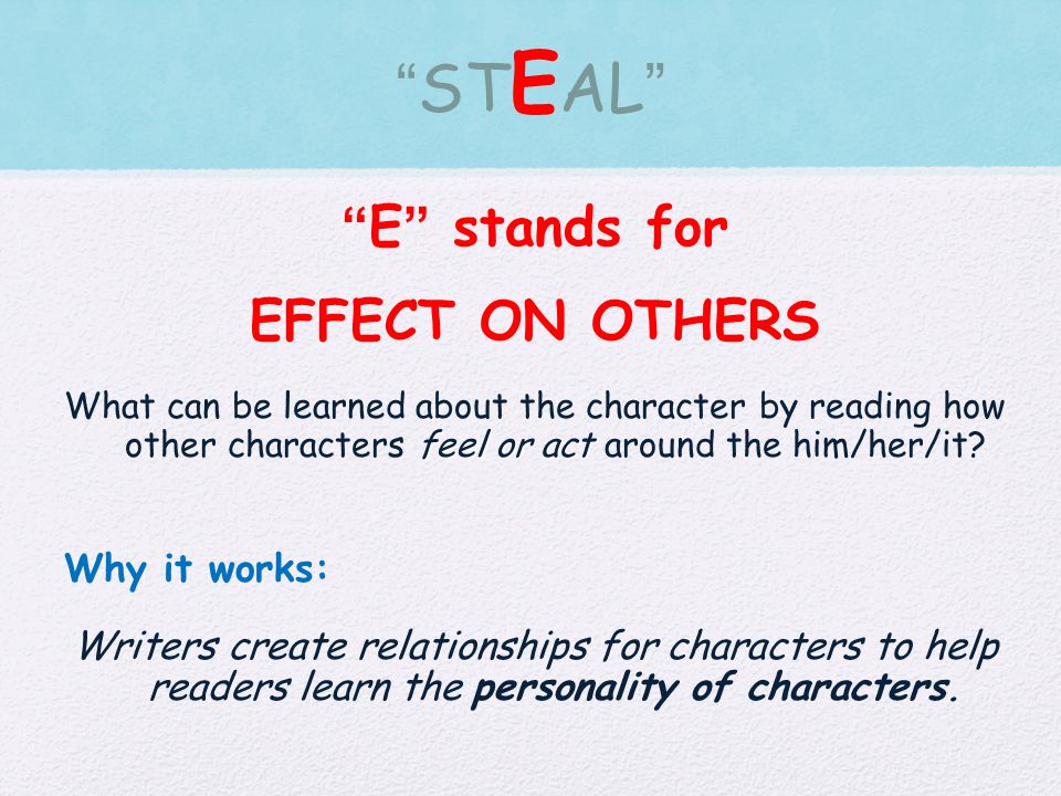 E stands for EFFECT ON OTHERS What can be learned about the character by reading how other characters f ff feel or act around the him/her/it.