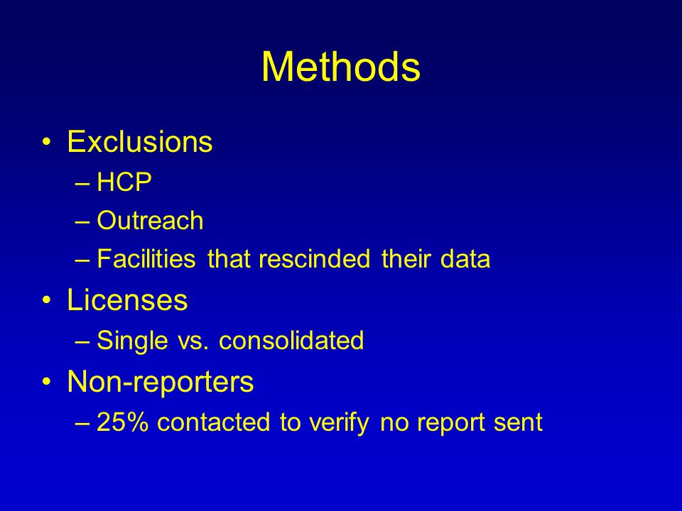 Methods Exclusions –HCP –Outreach –Facilities that rescinded their data Licenses –Single vs.