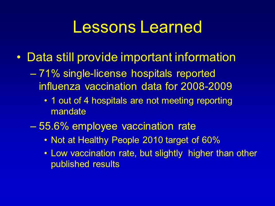 Lessons Learned Data still provide important information –71% single-license hospitals reported influenza vaccination data for out of 4 hospitals are not meeting reporting mandate –55.6% employee vaccination rate Not at Healthy People 2010 target of 60% Low vaccination rate, but slightly higher than other published results