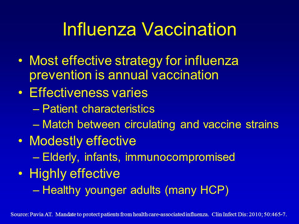 Influenza Vaccination Most effective strategy for influenza prevention is annual vaccination Effectiveness varies –Patient characteristics –Match between circulating and vaccine strains Modestly effective –Elderly, infants, immunocompromised Highly effective –Healthy younger adults (many HCP) Source: Pavia AT.
