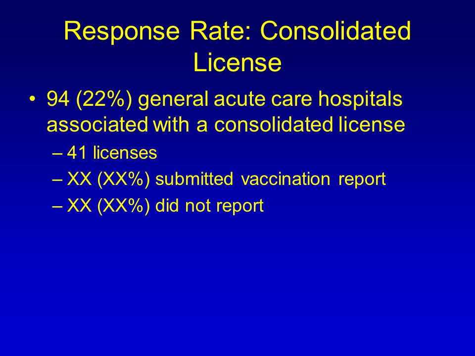 Response Rate: Consolidated License 94 (22%) general acute care hospitals associated with a consolidated license –41 licenses –XX (XX%) submitted vaccination report –XX (XX%) did not report