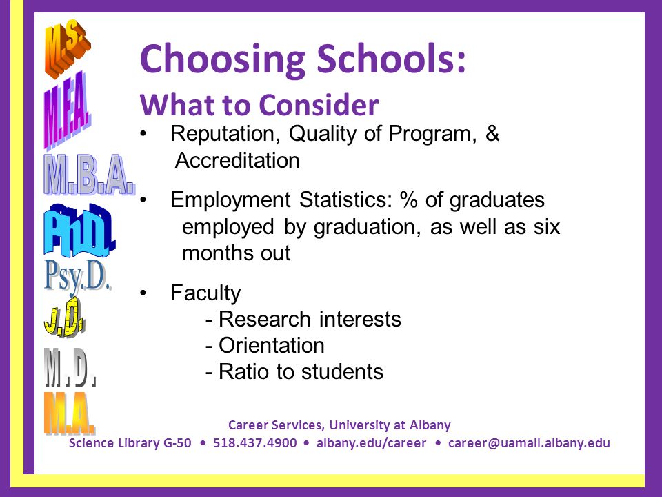 Career Services, University at Albany Science Library G albany.edu/career Choosing Schools: What to Consider Reputation, Quality of Program, & Accreditation Employment Statistics: % of graduates employed by graduation, as well as six months out Faculty - Research interests - Orientation - Ratio to students