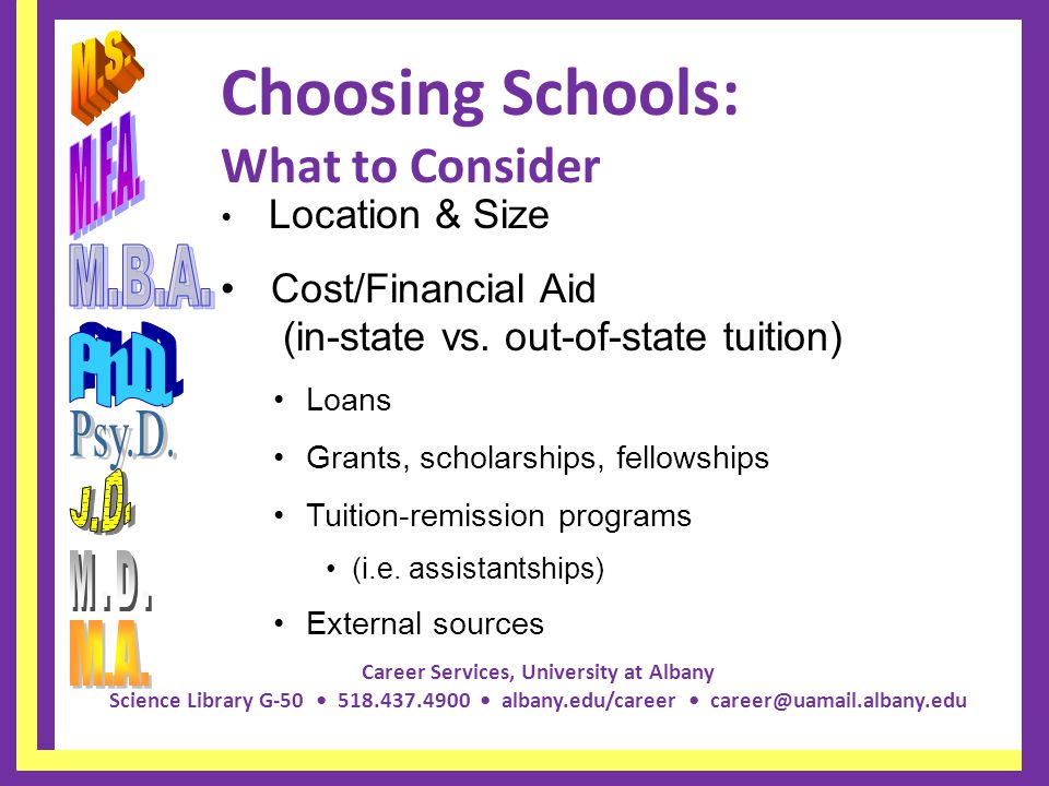 Career Services, University at Albany Science Library G albany.edu/career Choosing Schools: What to Consider Location & Size Cost/Financial Aid (in-state vs.