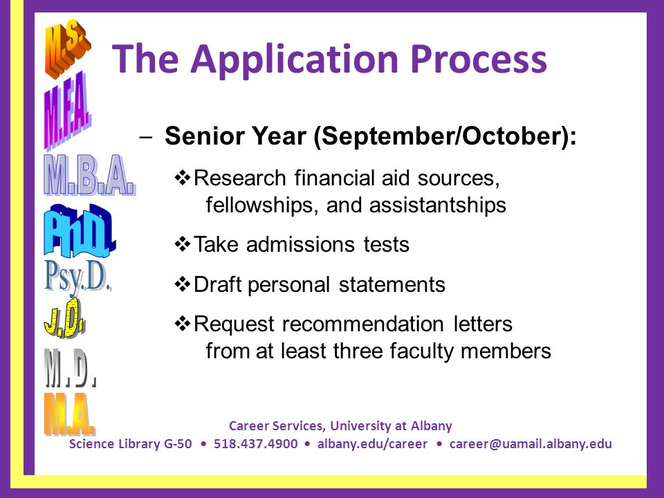 Career Services, University at Albany Science Library G albany.edu/career The Application Process – Senior Year (September/October):  Research financial aid sources, fellowships, and assistantships  Take admissions tests  Draft personal statements  Request recommendation letters from at least three faculty members