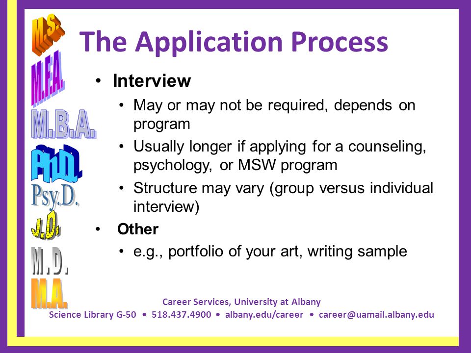 Career Services, University at Albany Science Library G albany.edu/career The Application Process Interview May or may not be required, depends on program Usually longer if applying for a counseling, psychology, or MSW program Structure may vary (group versus individual interview) Other e.g., portfolio of your art, writing sample