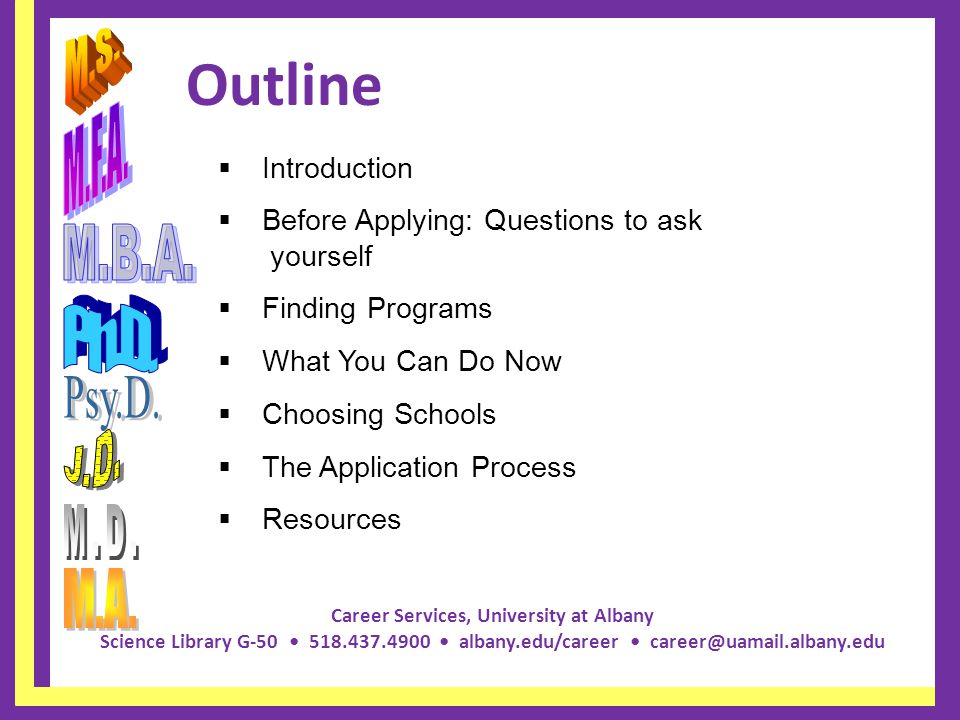 Career Services, University at Albany Science Library G albany.edu/career  Introduction  Before Applying: Questions to ask yourself  Finding Programs  What You Can Do Now  Choosing Schools  The Application Process  Resources Outline