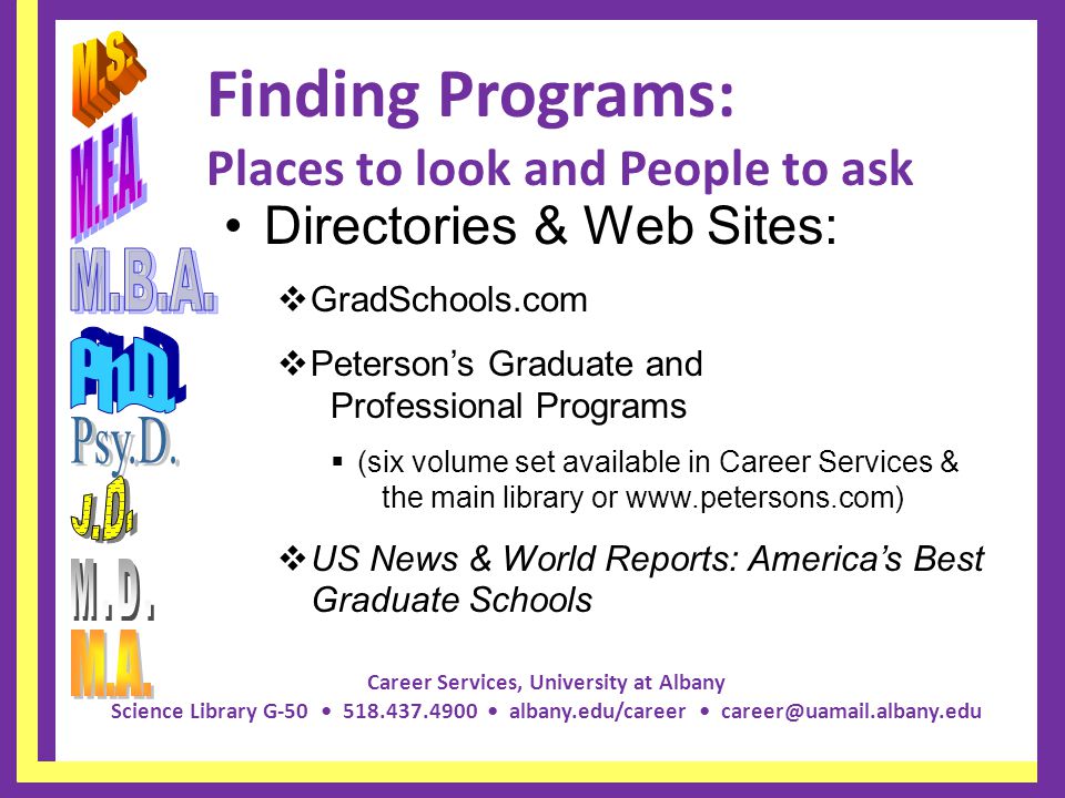 Career Services, University at Albany Science Library G albany.edu/career Finding Programs: Places to look and People to ask Directories & Web Sites:  GradSchools.com  Peterson’s Graduate and Professional Programs  (six volume set available in Career Services & the main library or    US News & World Reports: America’s Best Graduate Schools