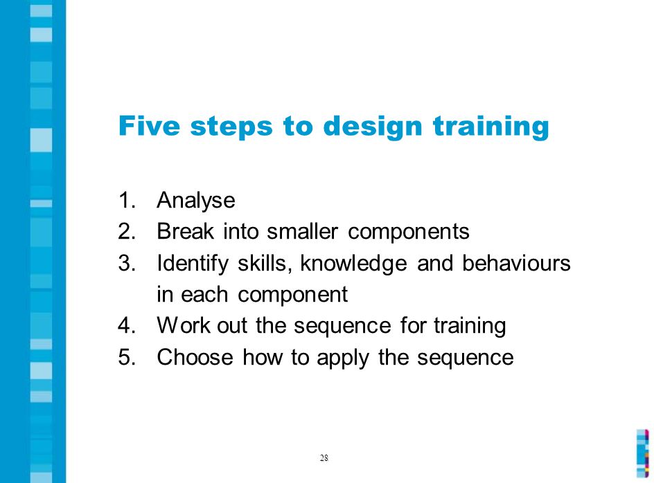 Five steps to design training 1.Analyse 2.Break into smaller components 3.Identify skills, knowledge and behaviours in each component 4.Work out the sequence for training 5.Choose how to apply the sequence 28