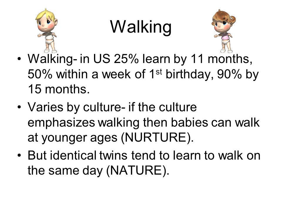 Walking Walking- in US 25% learn by 11 months, 50% within a week of 1 st birthday, 90% by 15 months.