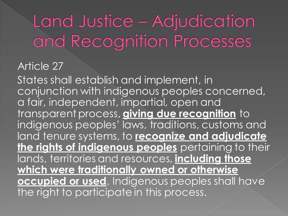 Article 27 States shall establish and implement, in conjunction with indigenous peoples concerned, a fair, independent, impartial, open and transparent process, giving due recognition to indigenous peoples’ laws, traditions, customs and land tenure systems, to recognize and adjudicate the rights of indigenous peoples pertaining to their lands, territories and resources, including those which were traditionally owned or otherwise occupied or used.
