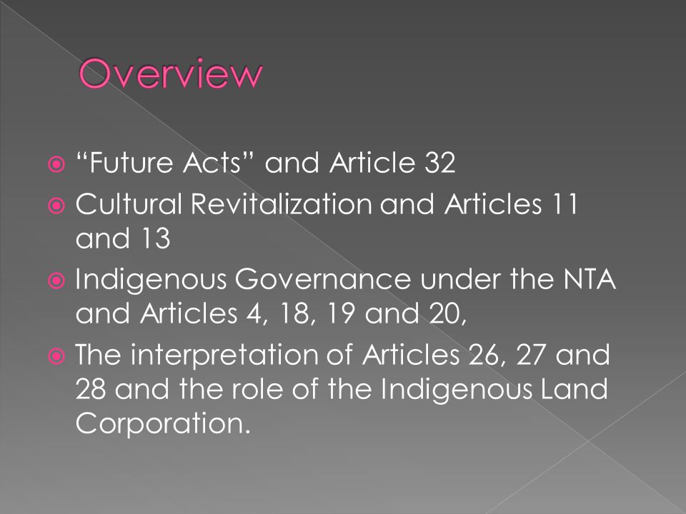  Future Acts and Article 32  Cultural Revitalization and Articles 11 and 13  Indigenous Governance under the NTA and Articles 4, 18, 19 and 20,  The interpretation of Articles 26, 27 and 28 and the role of the Indigenous Land Corporation.
