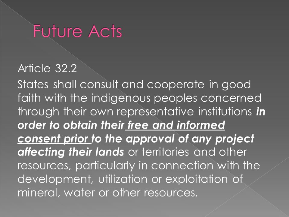 Article 32.2 States shall consult and cooperate in good faith with the indigenous peoples concerned through their own representative institutions in order to obtain their free and informed consent prior to the approval of any project affecting their lands or territories and other resources, particularly in connection with the development, utilization or exploitation of mineral, water or other resources.
