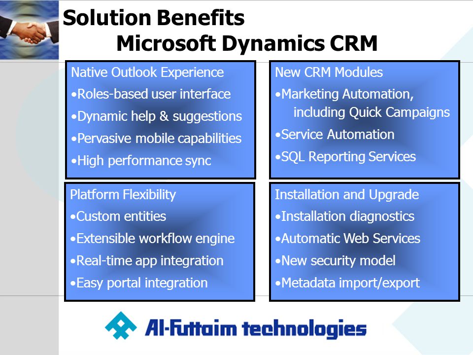 Solution Benefits Microsoft Dynamics CRM Native Outlook Experience Roles-based user interface Dynamic help & suggestions Pervasive mobile capabilities High performance sync New CRM Modules Marketing Automation, including Quick Campaigns Service Automation SQL Reporting Services Platform Flexibility Custom entities Extensible workflow engine Real-time app integration Easy portal integration Installation and Upgrade Installation diagnostics Automatic Web Services New security model Metadata import/export