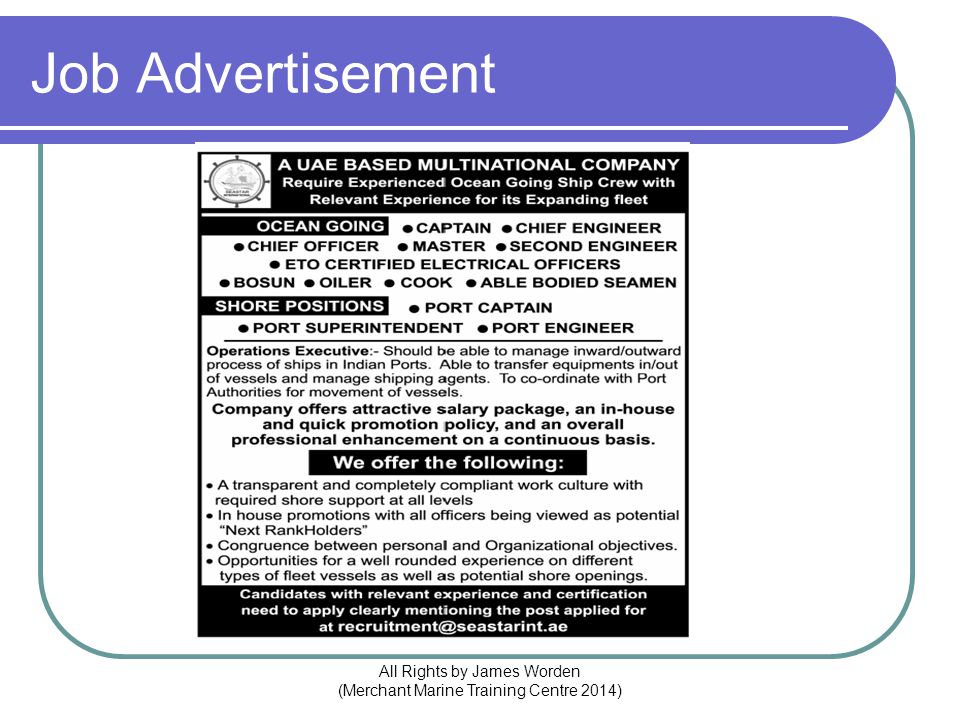 Job Advertisement All Rights by James Worden (Merchant Marine Training Centre 2014)