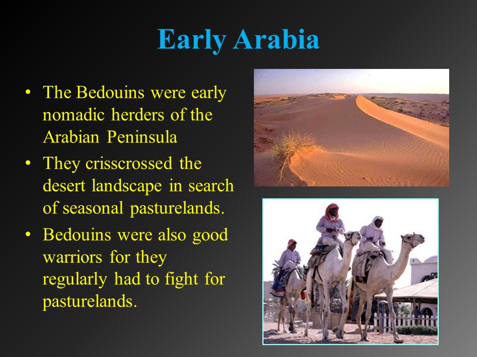 Early Arabia The Bedouins were early nomadic herders of the Arabian Peninsula They crisscrossed the desert landscape in search of seasonal pasturelands.