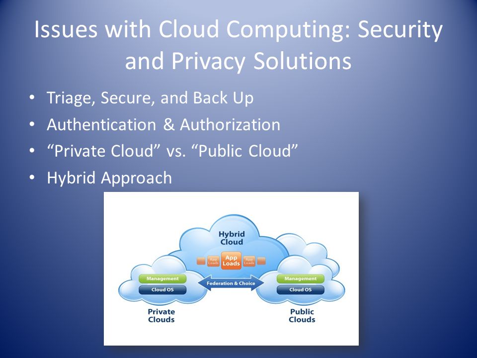Issues with Cloud Computing: Security and Privacy Solutions Triage, Secure, and Back Up Authentication & Authorization Private Cloud vs.