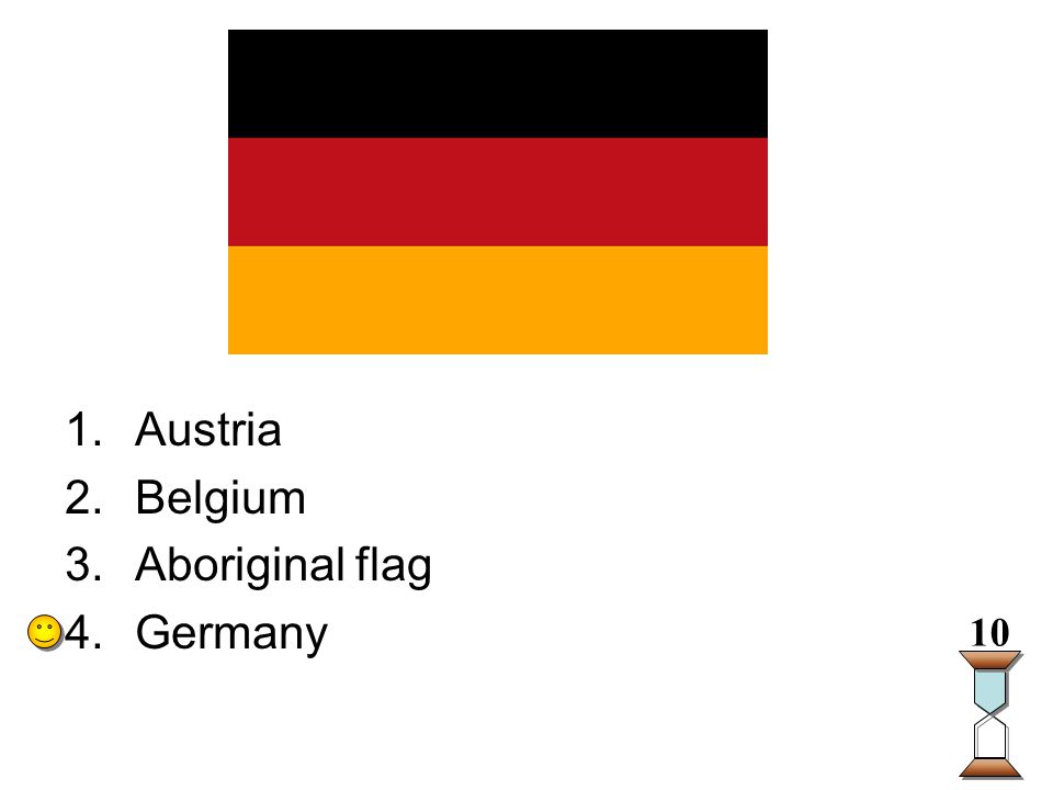 Enter question text... 1.Austria 2.Belgium 3.Aboriginal flag 4.Germany 10