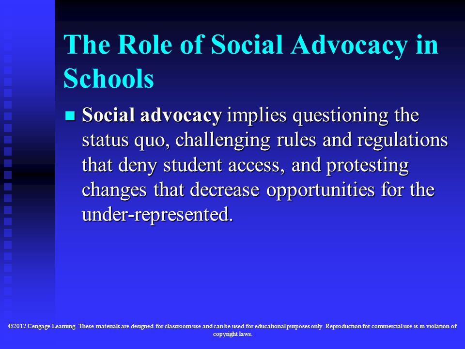 The Role of Social Advocacy in Schools Social advocacy implies questioning the status quo, challenging rules and regulations that deny student access, and protesting changes that decrease opportunities for the under-represented.