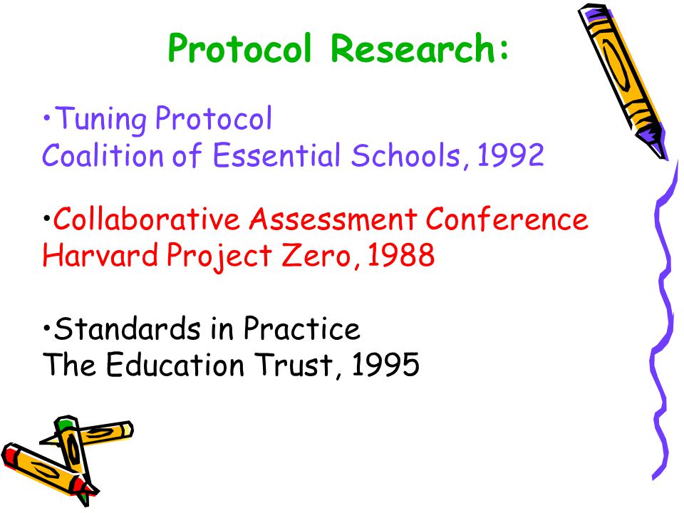 Protocol Research: Tuning Protocol Coalition of Essential Schools, 1992 Collaborative Assessment Conference Harvard Project Zero, 1988 Standards in Practice The Education Trust, 1995