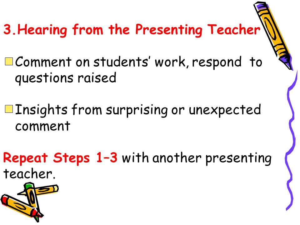 3.Hearing from the Presenting Teacher Comment on students’ work, respond to questions raised Insights from surprising or unexpected comment Repeat Steps 1–3 with another presenting teacher.
