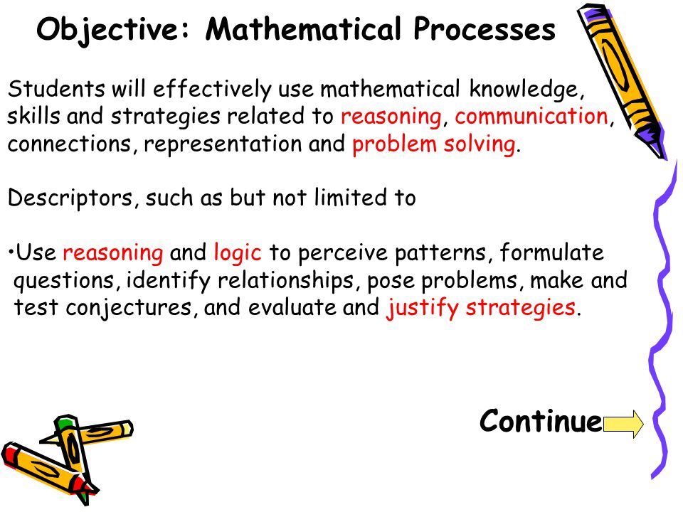 Objective: Mathematical Processes Students will effectively use mathematical knowledge, skills and strategies related to reasoning, communication, connections, representation and problem solving.