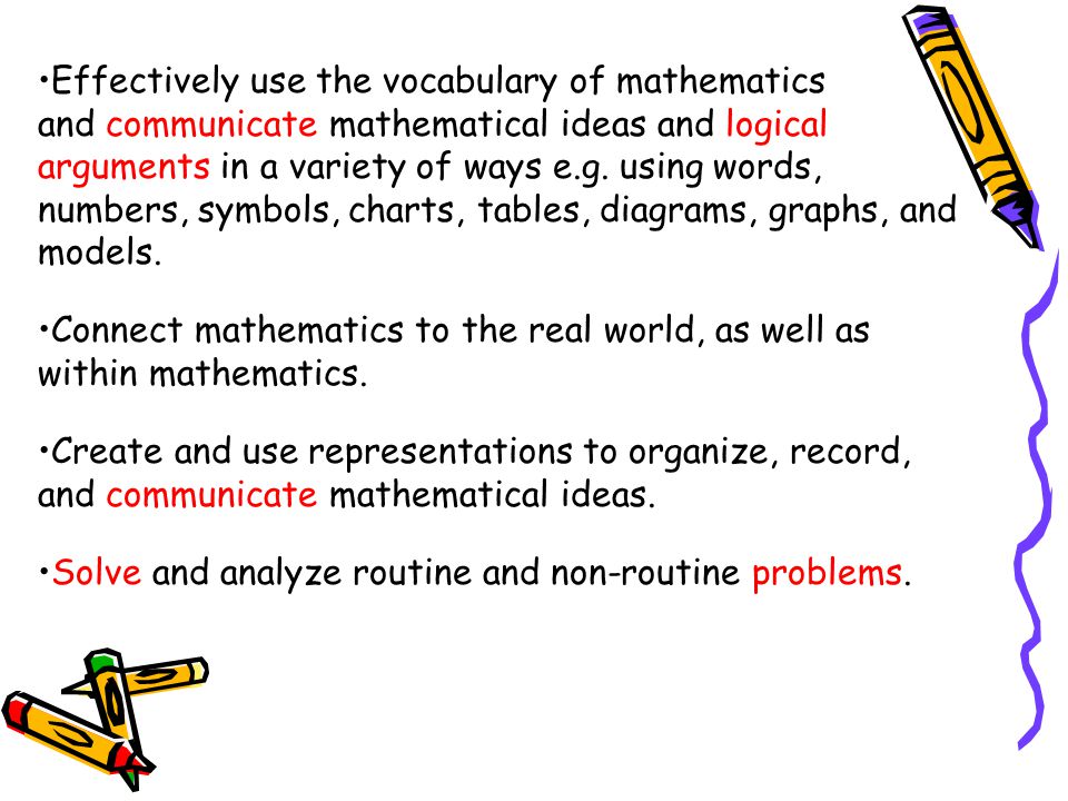 Effectively use the vocabulary of mathematics and communicate mathematical ideas and logical arguments in a variety of ways e.g.