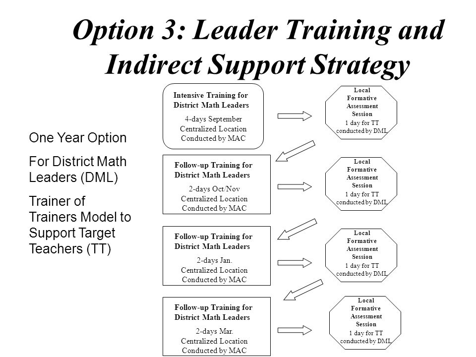 Option 3: Leader Training and Indirect Support Strategy One Year Option For District Math Leaders (DML) Trainer of Trainers Model to Support Target Teachers (TT) Follow-up Training for District Math Leaders 2-days Oct/Nov Centralized Location Conducted by MAC Follow-up Training for District Math Leaders 2-days Jan.