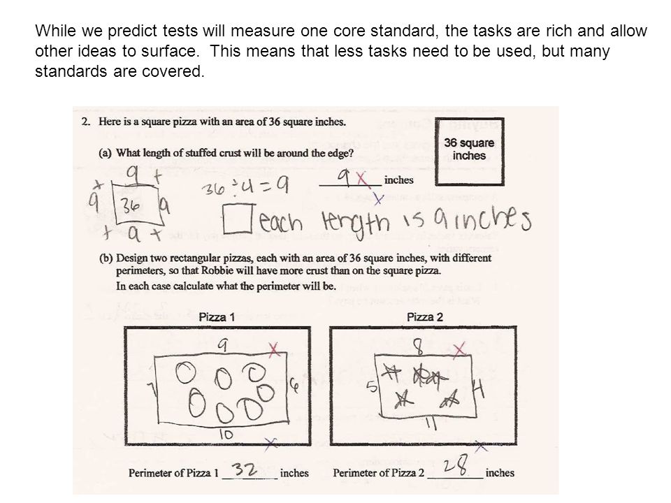 While we predict tests will measure one core standard, the tasks are rich and allow other ideas to surface.