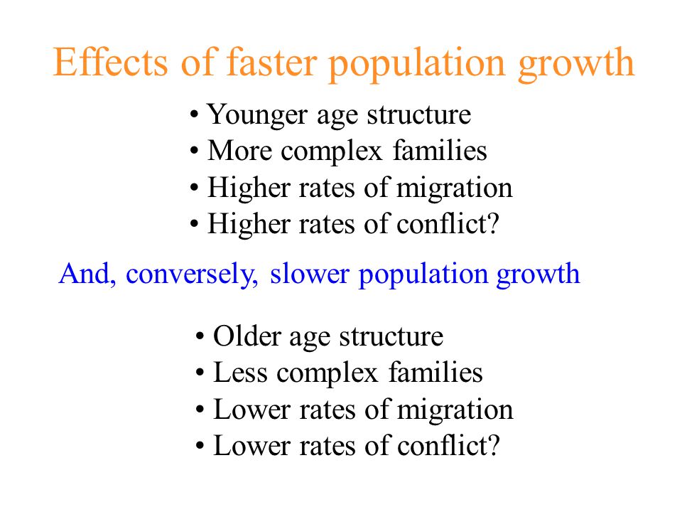 Younger age structure More complex families Higher rates of migration Higher rates of conflict.
