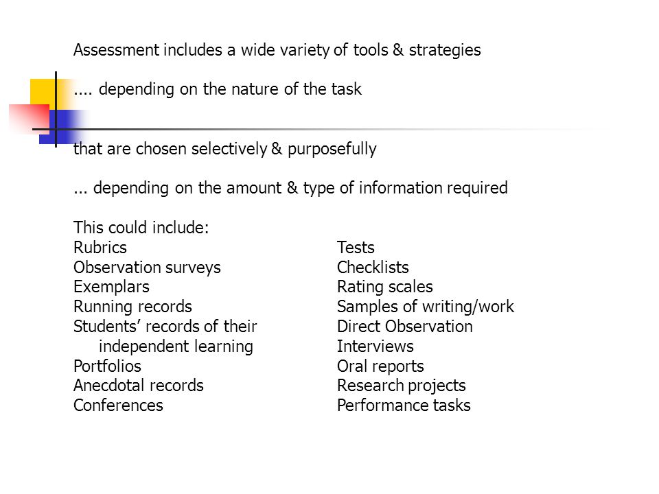 Assessment includes a wide variety of tools & strategies....