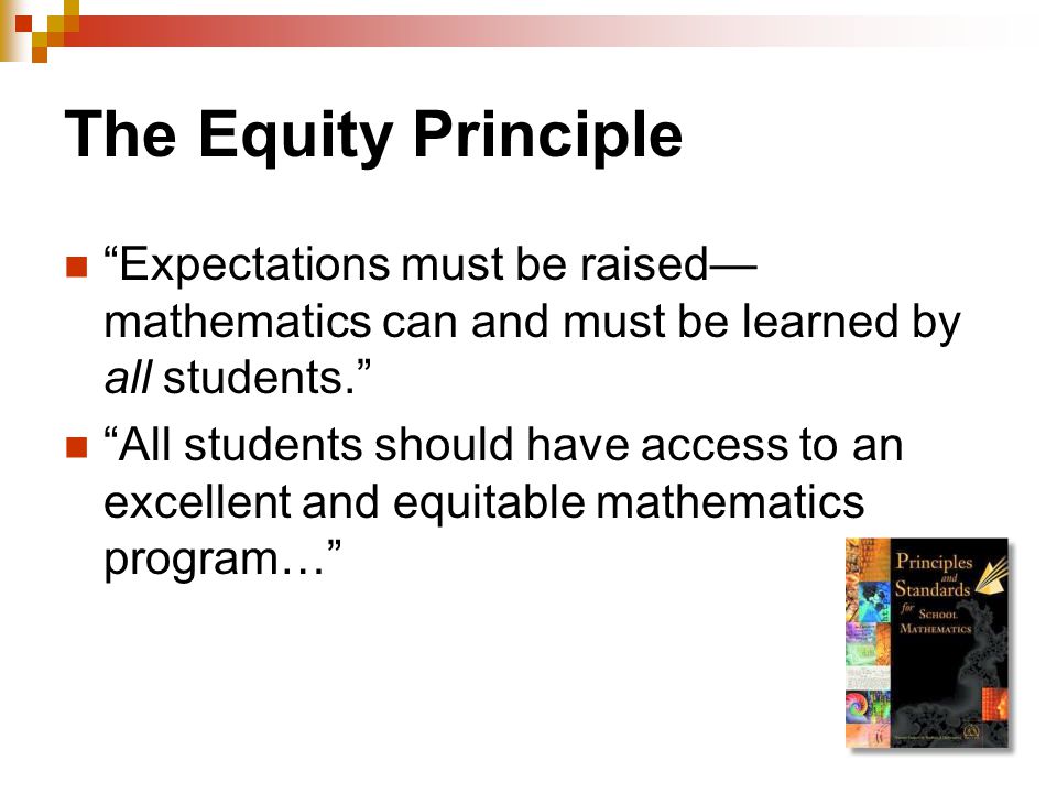 The Equity Principle Expectations must be raised— mathematics can and must be learned by all students. All students should have access to an excellent and equitable mathematics program…